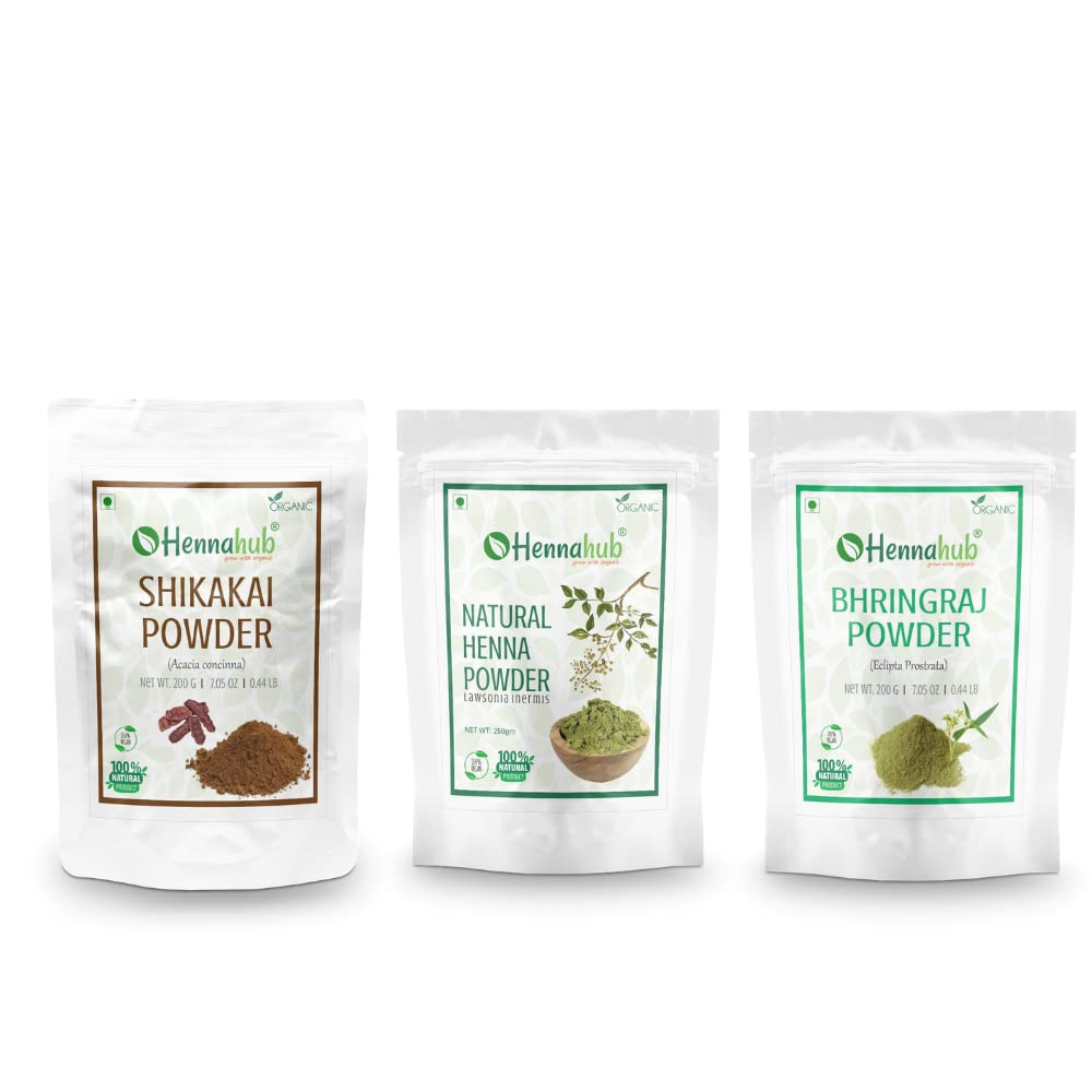 HENNAHUB Shikakai, Henna and Bhringraj powder 200g x 3 pack | Organic Hair care Combo Pack | Total 600 gm