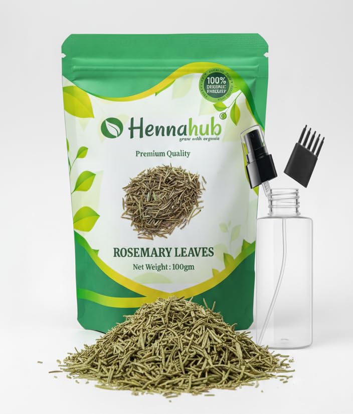 Hennahub Dried Rosemary Leaves 100gm (Food Grade) with Mist Spray & Comb Cap Bottle for Rosemary Water, Zipper Pouch 100gm | 100% Natural & Aromatic Herb for Hair Growth, Scalp Care & Culinary Use.