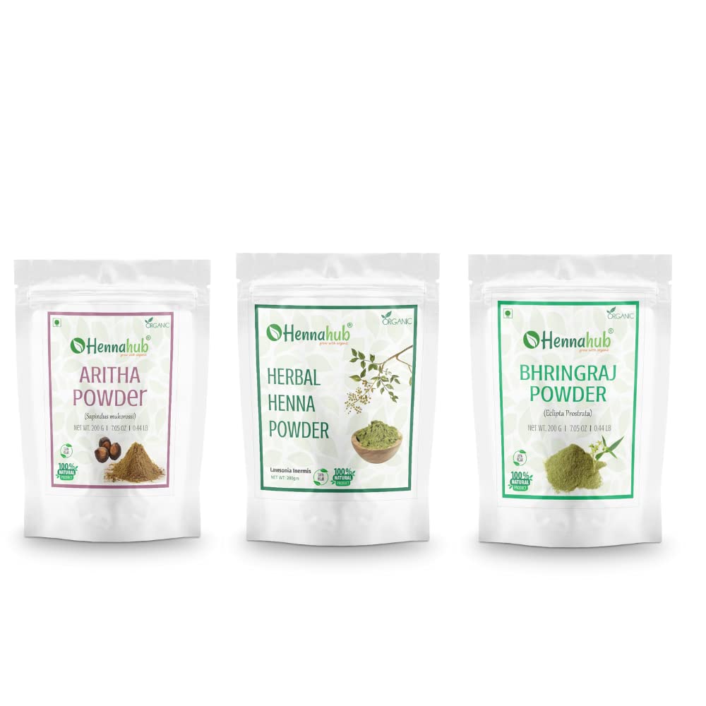 HENNAHUB Reetha, Herbal Henna and Bhringraj powder 200g x 3 pack | Organic Hair care Combo Pack | Total 600 gm