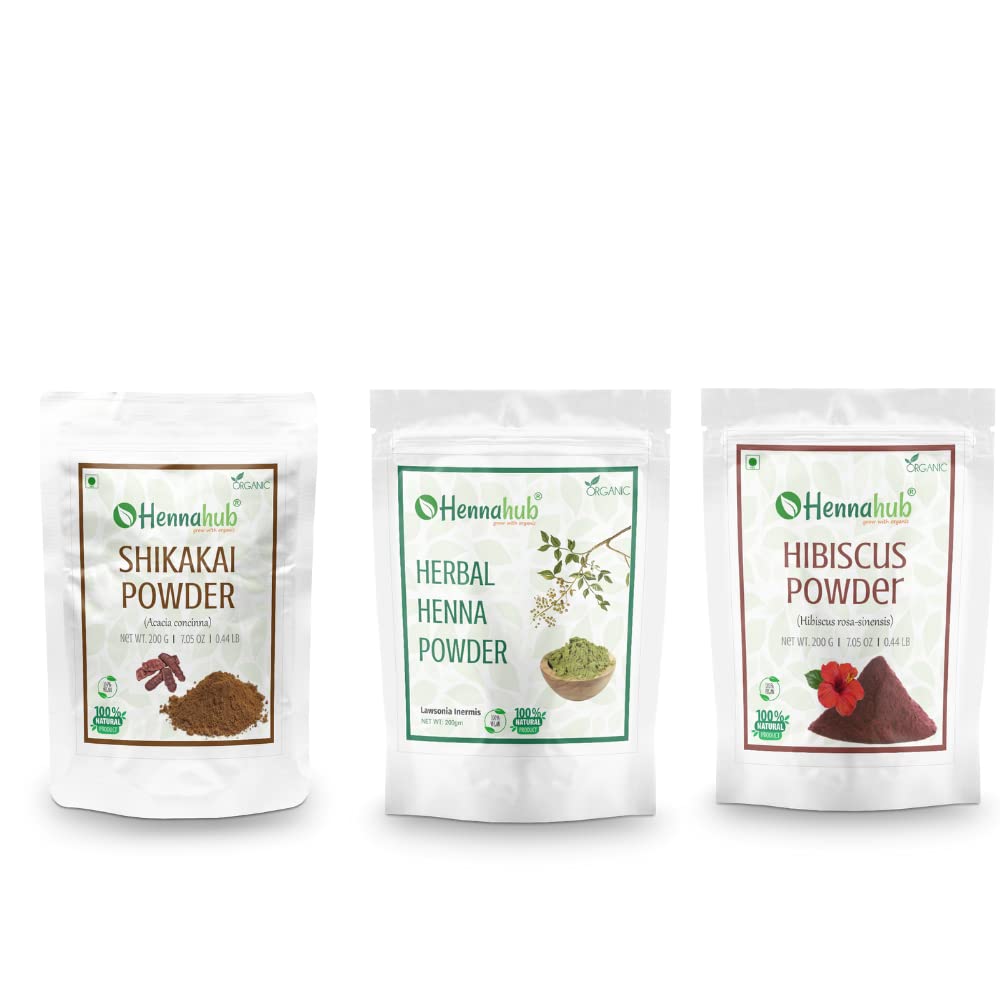HENNAHUB Shikakai, Herbal Henna and Hibiscus powder 200g x 3 pack | Organic Hair care Combo Pack | Total 600 gm