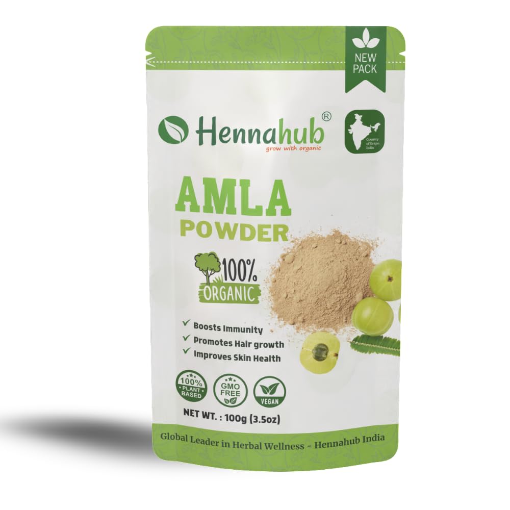 Hennahub Organic Amla Powder for Hair Care - 100% Pure, Natural & Chemical-Free Hair Strengthening, Conditioning Powder | Rich in Vitamin C & Antioxidants for Healthy Hair | 100gm New pack