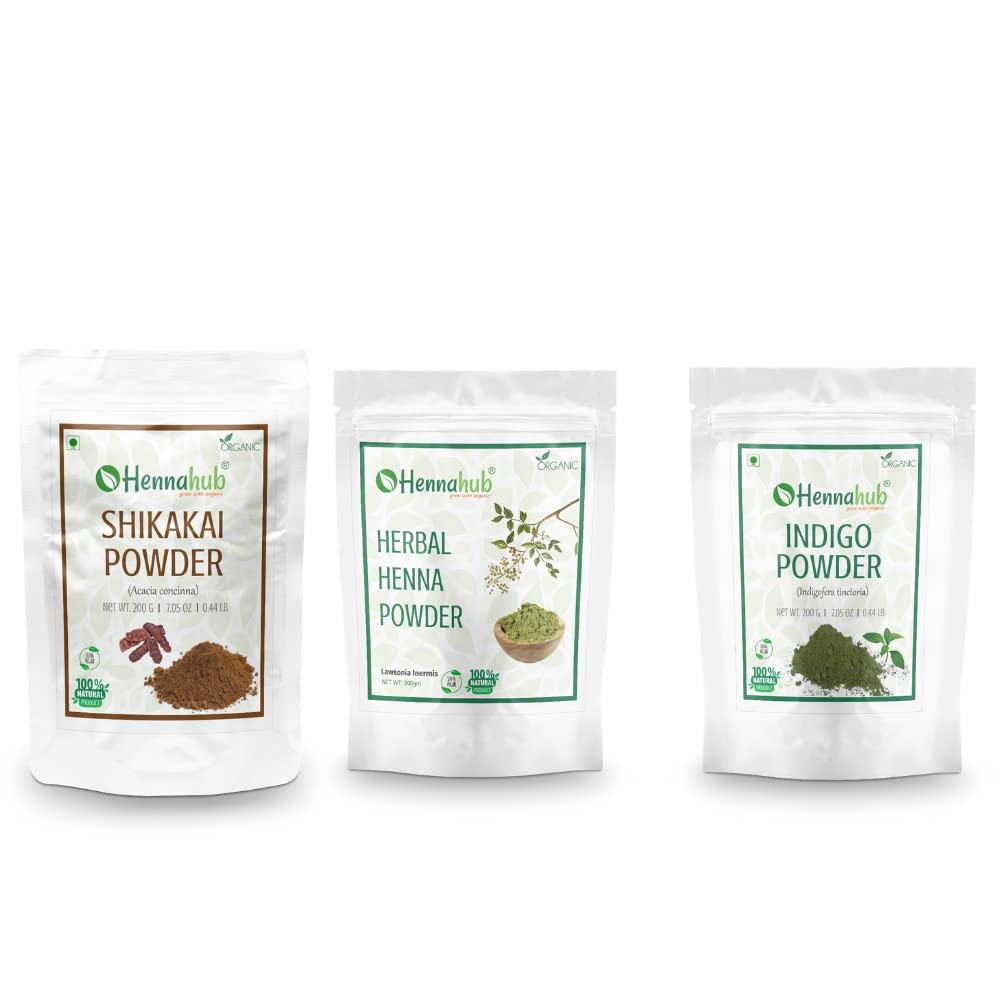 HENNAHUB Shikakai, Herbal Henna and Indigo powder 200g x 3 pack | Organic Hair care Combo Pack | Total 600 gm