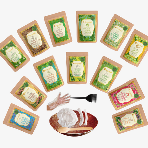 Hennahub Amla, Reetha, Shikakai, Bhringraj Hibiscus, Methi, Henna, Indigo, Neem, Brahmi, Curry Leaves, Jatamansi, Aloevera Powder with IRON BOWL (Combo pack of 13) | Double Filtered 1300g