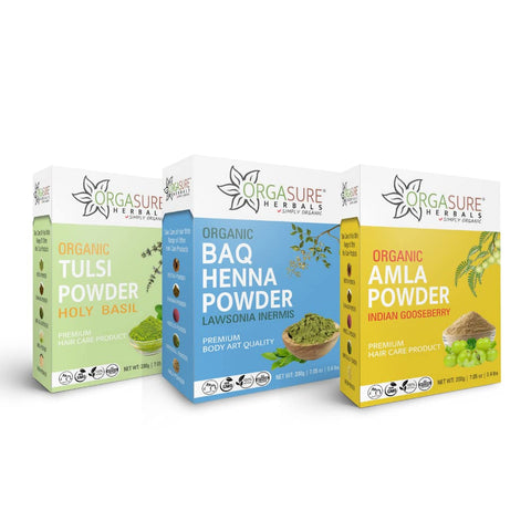 ORGASURE Tulsi, BAQ Henna and Amla powder 200g x 3 pack | Natural Hair care pack | Total 600 gm