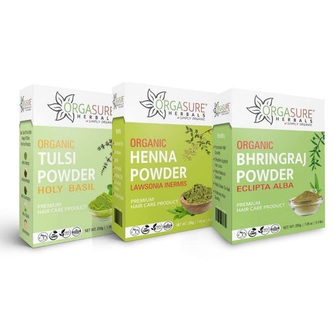 ORGASURE Tulsi, Henna and Bhringraj powder 200g x 3 pack | Natural Hair care pack | Total 600 gm