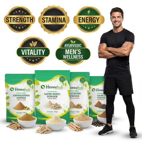 Hennahub Men’s Performance & Vitality Combo | Ashwagandha, Safed Musli, Shatavari & Kaunch Beej Powder | Pack of 4 x 100g | Strength, Stamina, Energy & Wellness Support | 100% Ayurvedic