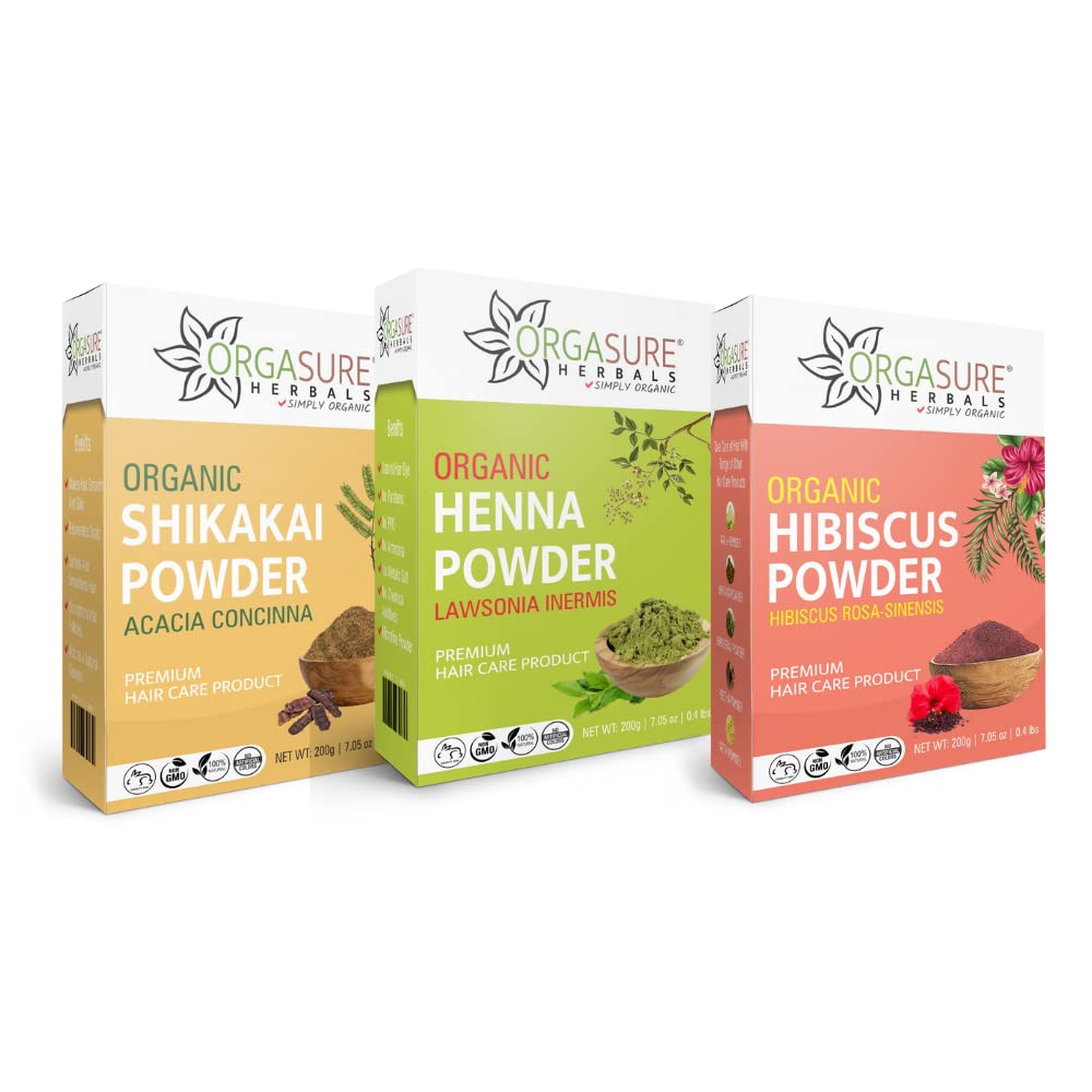ORGASURE Shikakai, Henna and Hibiscus powder 200g x 3 pack | Organic Hair care Combo Pack | Total 600 gm