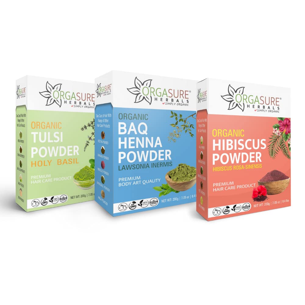 ORGASURE Tulsi, BAQ Henna and Hibiscus powder 200g x 3 pack | Natural Hair care pack | Total 600 gm