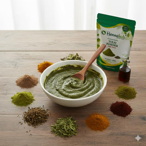 Hennahub Tulsi Powder 100gm (Food Grade) | Holy Basil / Tulasi / Sacred Basil Leaf Powder | Pure Ocimum sanctum | For Herbal Tea, Kadha & Green Drinks