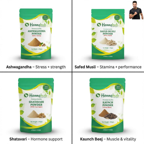 Hennahub Men’s Performance & Vitality Combo | Ashwagandha, Safed Musli, Shatavari & Kaunch Beej Powder | Pack of 4 x 100g | Strength, Stamina, Energy & Wellness Support | 100% Ayurvedic