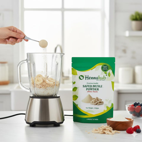Hennahub Safed Musli Powder (Food Grade) 100gm Pack | 100% Pure Chlorophytum borivilianum Root Powder | Natural Plant-Based Ingredient for Smoothies, Milk & Herbal Drinks