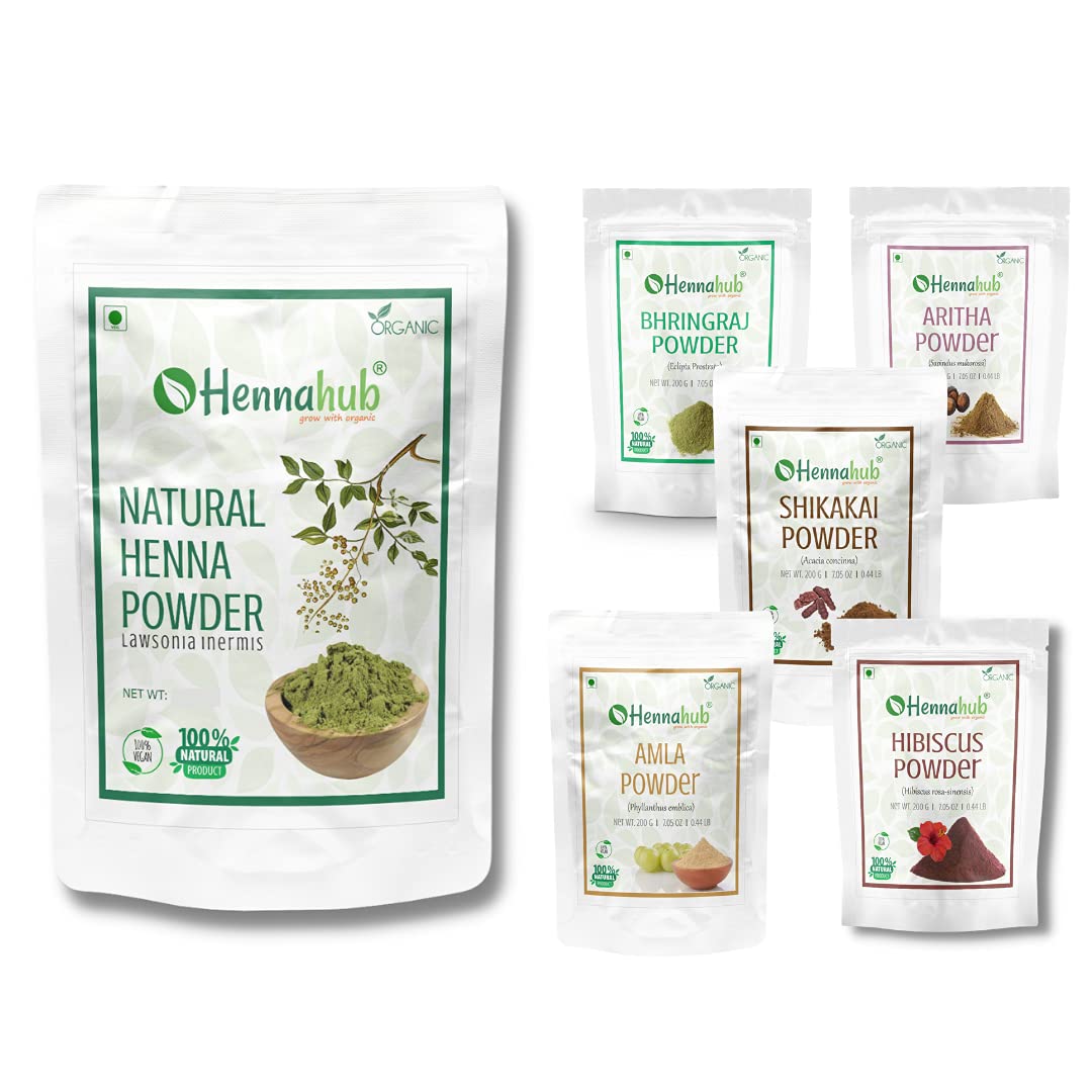 Hennahub Natural Henna 1 kg + Amla, Reetha, Shikakai, Bhringraj, Hibiscus Powder for Hair, 200g each (Pack of 5)