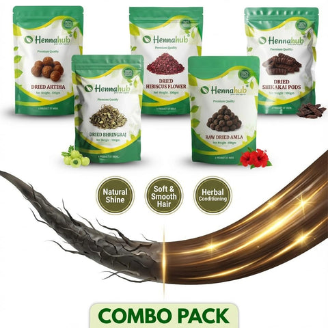 Hennahub Complete Hair Care Raw Herb Combo | Amla, Reetha, Shikakai, Hibiscus & Bhringraj | Pack of 5 × 100g | Traditional Hair Wash, Hair Growth, Anti-Dandruff & Natural Shine | 100% Raw Herbs