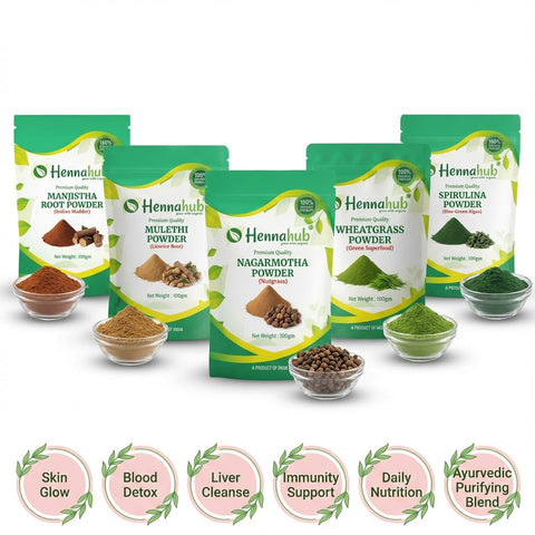 Hennahub Advanced Skin & Blood Detox Combo | Manjistha, Mulethi, Nagarmotha, Wheatgrass & Spirulina Powder | Pack of 5 × 100g | Skin Glow, Detox Cleanse, Immunity & Daily Nutrition | Ayurvedic Purifying Blend