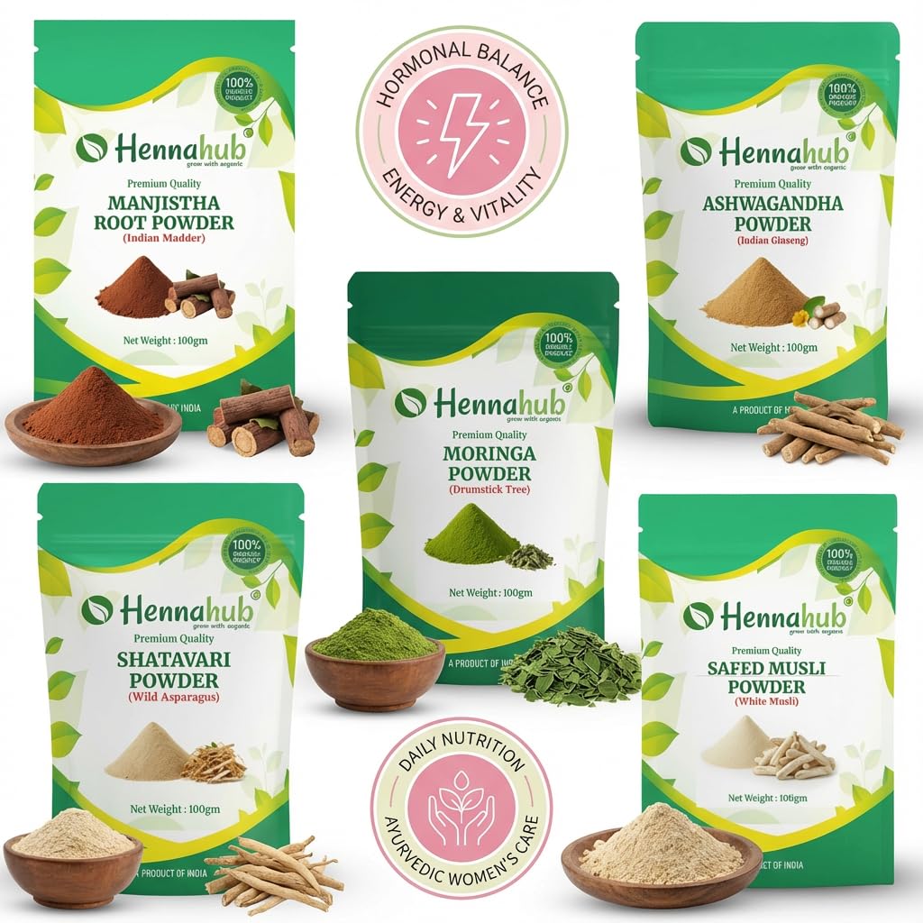 Hennahub Women’s Complete Wellness Combo | Shatavari, Ashwagandha, Safed Musli, Moringa & Manjistha Powder | Pack of 5 x 100g | Hormonal Balance, Energy, Skin Glow & Daily Nutrition | Ayurvedic Women Care