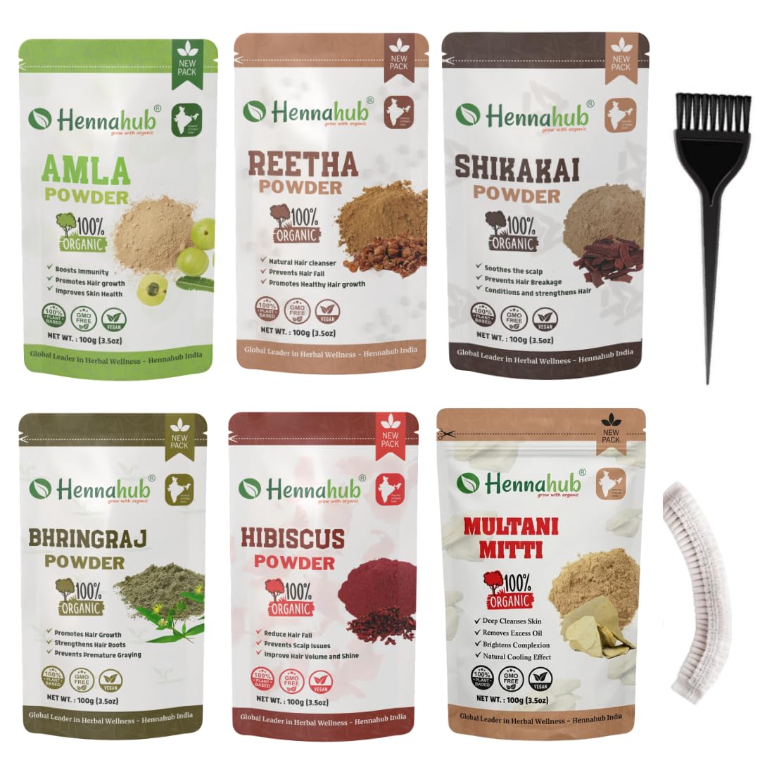 Hennahub Premium Hair Care Powder Combo Pack of 6 (600gm) | Amla, Reetha, Shikakai, Hibiscus, Bhringraj & Multani Mitti | Double Filtered 100gm Each | 100% Natural Herbal Hair Wash & Hair Mask with brush, gloves, shower cap