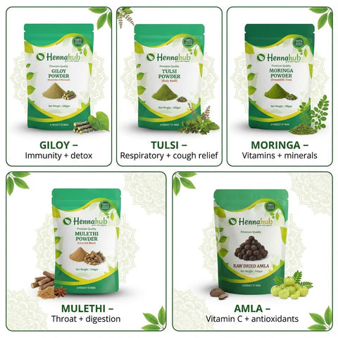 Hennahub Advanced Immunity Booster Combo | Giloy, Tulsi, Moringa, Mulethi Powder & Raw Dried Amla | Pack of 5 |  Energy, Antioxidants & Natural Immunity | Ayurvedic Wellness Pack