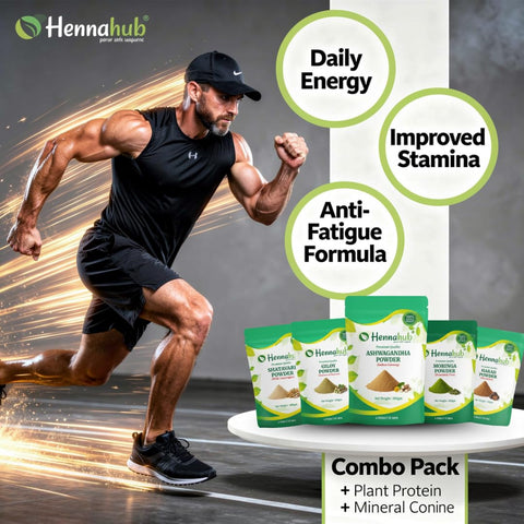 Hennahub Advanced Men’s Strength & Performance Combo | Ashwagandha, Safed Musli, Shatavari, Kaunch, Moringa, Giloy & Harad Powder | Pack of 7 × 100g | Stamina, Vitality, Muscle Support & Immunity Booster
